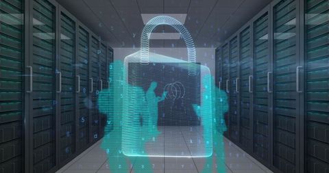 Cybersecurity attack illustration in modern server room