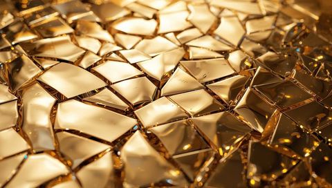 Golden faceted mosaic of shattered metallic tiles reflecting warm light close-up texture