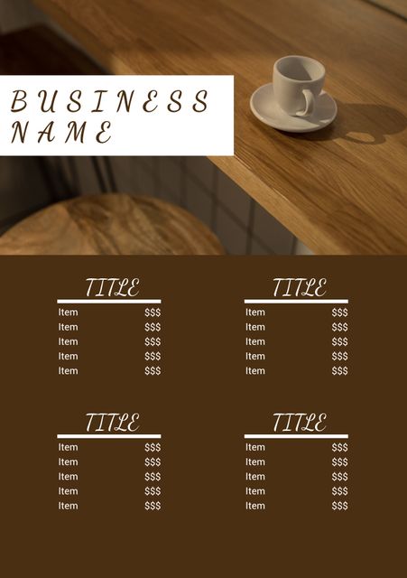 Cozy café template perfect for creating menus, price lists, or showcasing services. The design features a wood table and a simple coffee cup motif, providing a warm and inviting feel. Ideal for coffee shops, small restaurants, or casual dining establishments looking for a straightforward, yet stylish way to present their offerings.