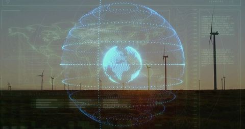 Holographic Blue Globe Overlaying Wind Farm at Sunset with HUD Data Panels