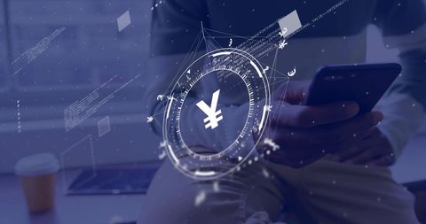 Yen currency symbol and digital network over smartphone user
