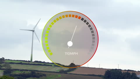 Dynamic Speedometer Overlay on Illustrates Wind Turbine