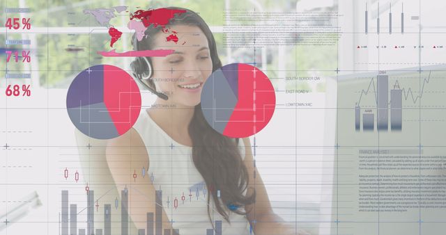 Woman Using Headset with Financial Data Overlay - Download Free Stock Images Pikwizard.com