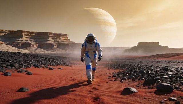 Solitary Astronaut Walking across Red Desert under Looming Gas Giant and Rugged Mesas