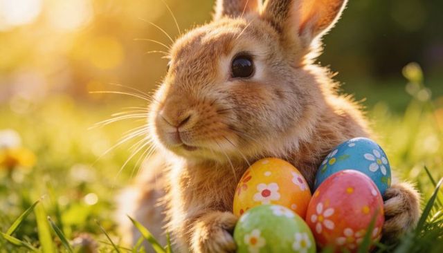 Brown rabbit holding colorful hand-painted easter eggs in sunlit meadow during golden hour