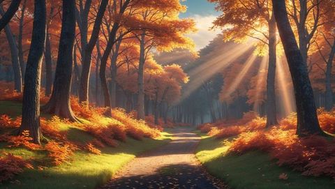 Sunlit Pathways Through Vibrant Autumn Forest