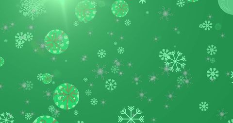 Christmas Snowflakes and Baubles on Green Background