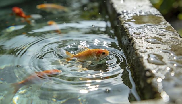 Gliding orange goldfish near surface in garden pond with ripples, droplets and stone edge