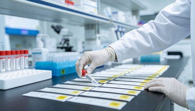 Lab technician handling barcode sample tubes on sterile bench for diagnostic testing