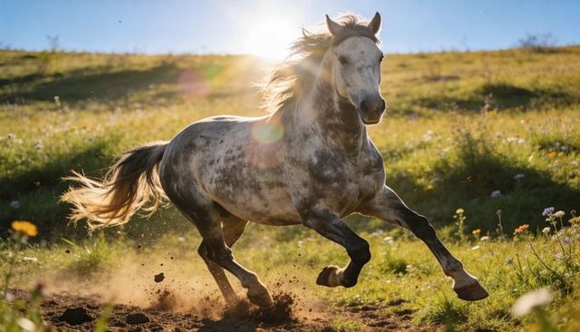 Dapple gray horse galloping across sunlit meadow kicking up dust and wildflowers