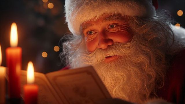 Santa Claus Reading Storybook By Candlelight in Cozy Festive Room