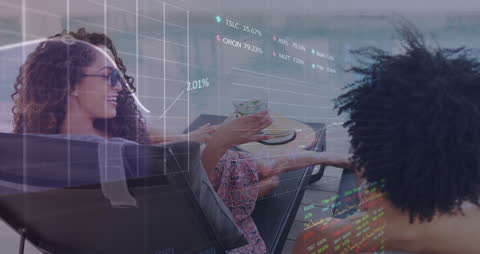 Diverse Individuals Relax by Pool with Digital Data Overlay