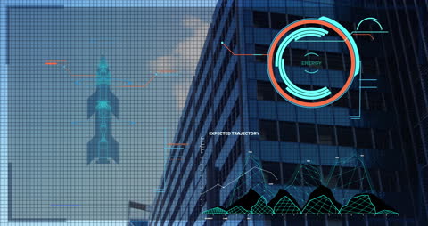 Futuristic Digital Interface with Business Analytics on Skyscraper