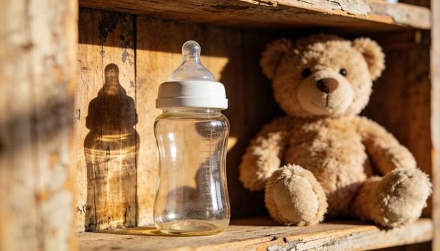 Standing baby bottle on rustic wooden shelf beside teddy bear casting warm shadow