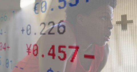 Fitness and Finance: Woman Reflection Overlapping Exchange Rates