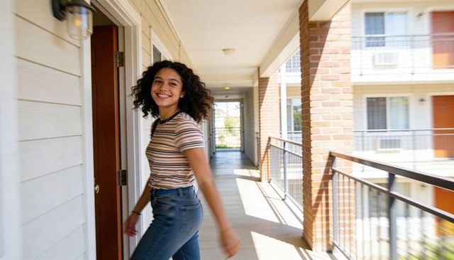 Smiling young woman turning into sunlit apartment corridor wearing striped tee and jeans