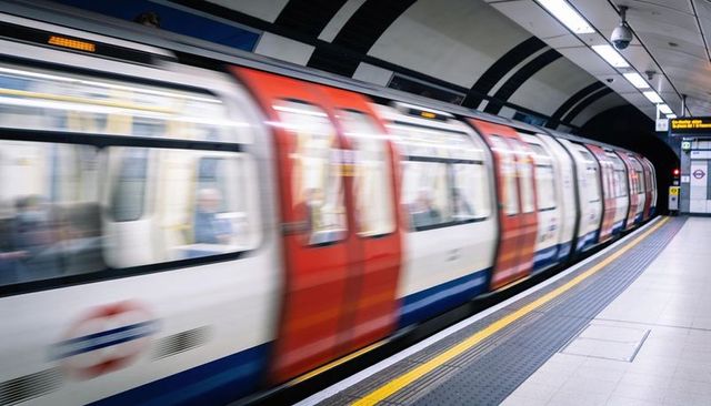 Moving london underground train blurring along curved station platform with yellow line