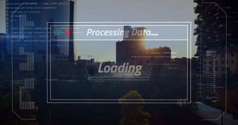 Smart city hud overlay showing data processing and loading over urban skyline at sunset