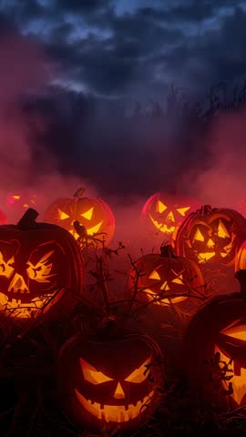 Glowing Jack-o'-Lanterns in Foggy Vine Field Vertical Halloween Video for Spooky Seasonal Scenes