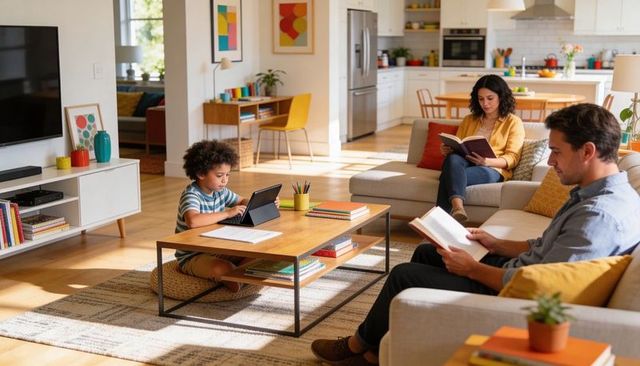 Family relaxing in sunlit open-plan living room: child using tablet while parents read