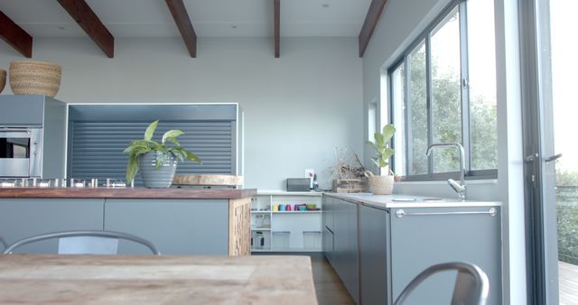 Modern kitchen with grey furniture and copy space, slow motion. Home interiors, home decor and architecture.