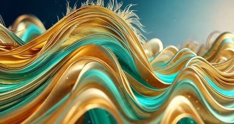 Elegantly Flowing Gold and Teal Ribbons in Dynamic Digital Space