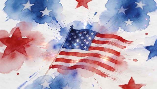 Waving watercolor american flag with star splatter and festive sparkle on textured paper