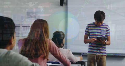 Student Presenting in Classroom with Infographic Overlay