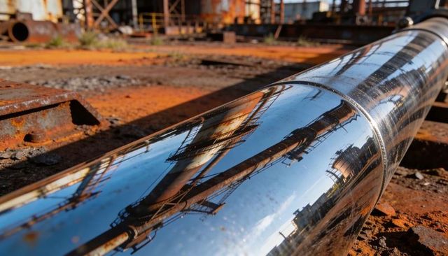 Polished stainless pipe reflecting rusted industrial infrastructure in low angle closeup
