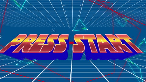Retro Gaming Press Start Screen with Neon Grid