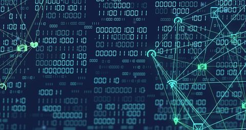 Neon Network Graph Connecting Digital Nodes Glowing over Binary Data Matrix Security Visualization