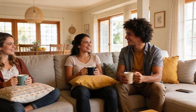 Friends chatting on cozy living room sofa holding mugs and pillows casual home gathering