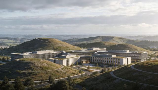 Contemporary low-rise office campus with green roofs nestled among rolling grassy hills