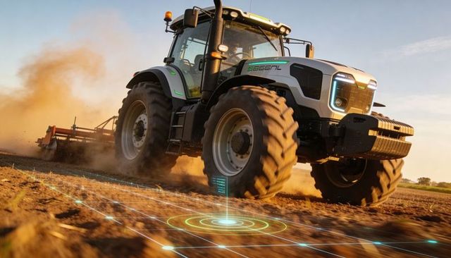 High-tech tractor delivering precision gps navigation and autonomous tillage at golden hour