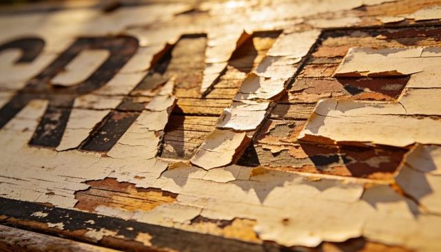 Sunlit peeling cream paint showing weathered wood grain and rustic chipped sign texture