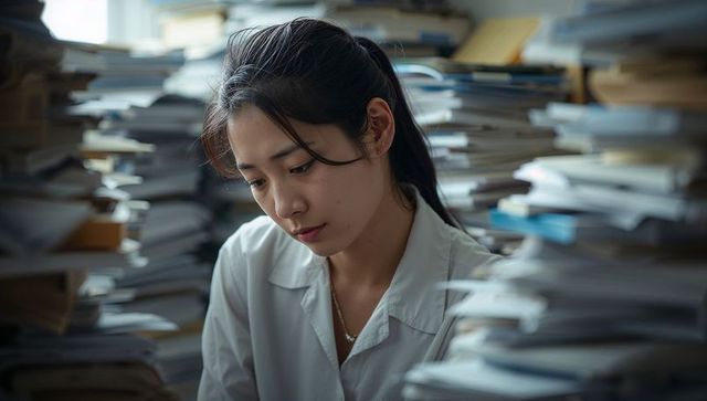 Young woman concentrating while sorting paperwork in narrow archive aisle