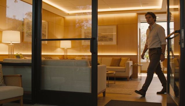 Man walking wearing rolled sleeves entering modern warm neutral living room through glass door