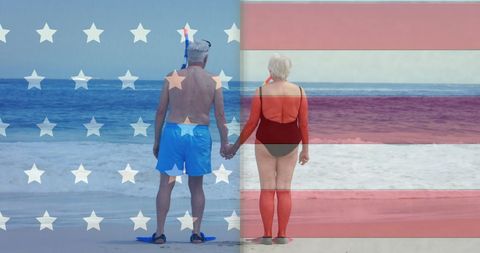 senior couple seen from the back standing together and holding hands on a beach, overlayed with an american flag pattern. this scene represents love, companionship, and patriotism, creating a vivid narrative of american lifestyle in lazy summer days. the image is ideal for campaigns related to american culture, beach vacations, senior lifestyles, or patriotic events.