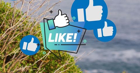 Social media interaction icons with ocean backdrop