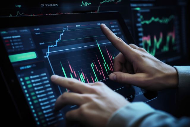 Hands of male broker and stock exchange data on screens, created using generative ai technology. Global business, stock exchange, trading, finance and stock market concept digitally generated image.