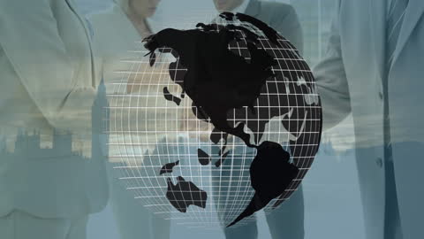 Animated Globe Overlay on Business Professionals Discussing Global Networks