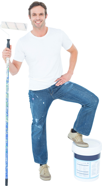 Transparent Full-Length Portrait of Man with Paint Roller and Bucket - Download Free Stock Videos Pikwizard.com