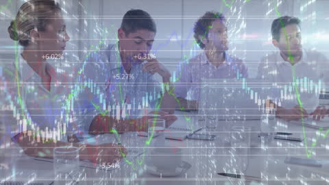 Diverse Team Analyzing Financial Data with Graphs