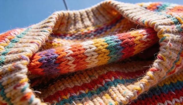 Hanging multicolored knitted sweater showing ribbed collar and fuzzy yarn texture