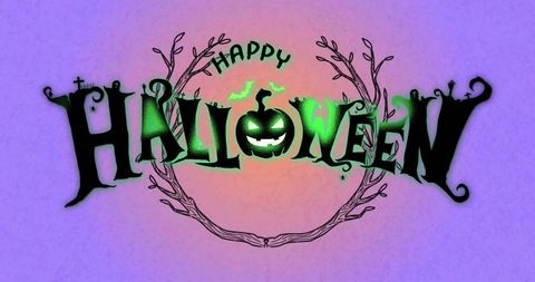 Happy halloween neon green jack-o'-lantern typography with gothic wreath and bats