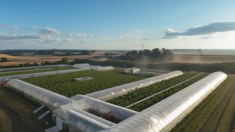 Drone Ascending Over Modern Greenhouse With Workers Inspecting Crops