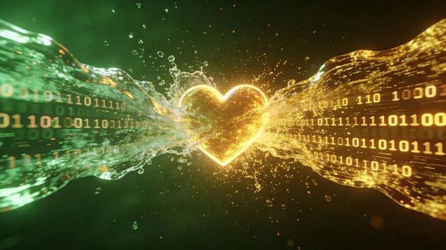 Glowing neon heart merging binary streams streaming gold and green digital connection