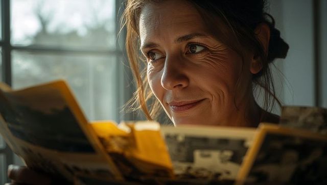 Middle-aged woman revisiting memories studying vintage family prints by sunlit window
