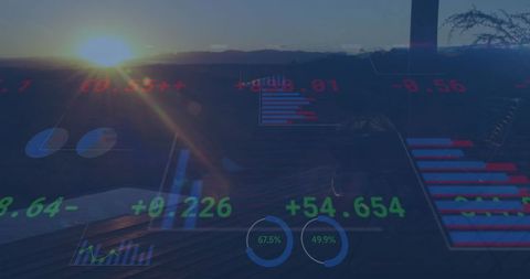 Futuristic Analytics Display Over Scenic Sunset Valley