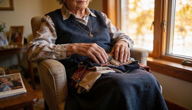 Senior woman resting hands on folded textiles with medallion pendant in warm cozy window light